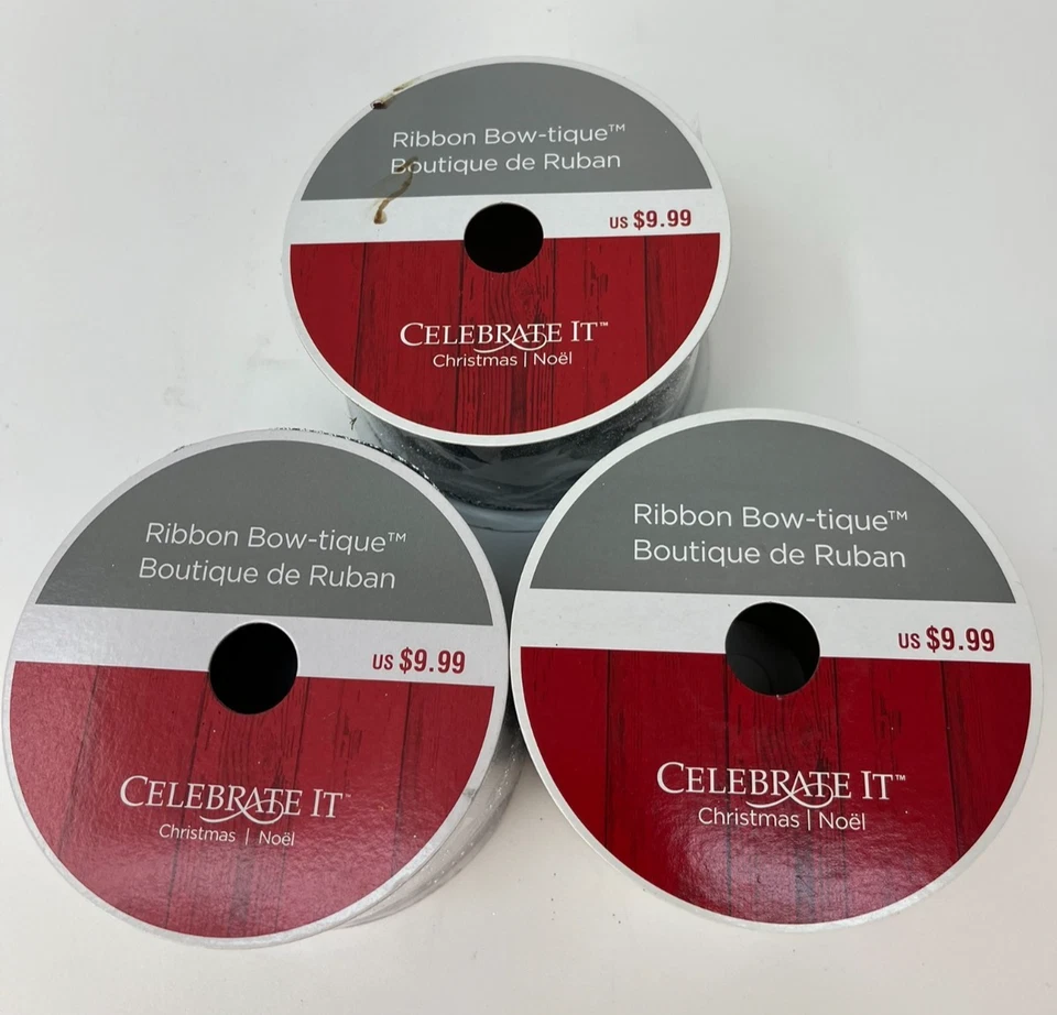 Christmas Holiday Wired Ribbon 2.5"x 25' Silver Glitter White NEW lot of 3 - Image 4 of 4