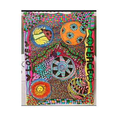 Colorful Abstract Hand-Drawn Drawing Sun Flowers Peace Love Motifs on Paper