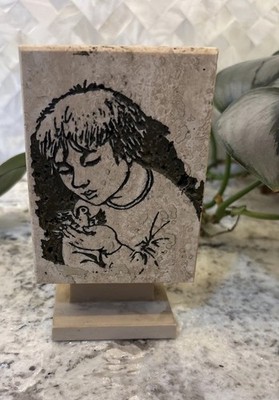 1960 Rodney Winfield Travertine Stone Plaque MCM Art Boy Bird In Hand