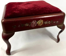 Vintage 1950s Velvet Top Pressed Steel Rose Floral MCM Sewing Footstool Ottoman