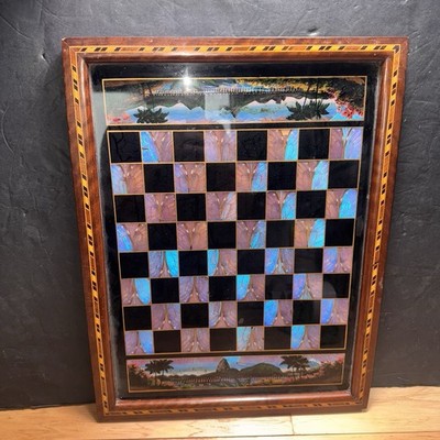 Vintage Brazilian Butterfly Wing Chess Board w/ Wood Inlay Frame Filmin Label