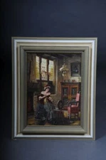 Oil Painting Lady on Spinning Wheel, 20th century S-235