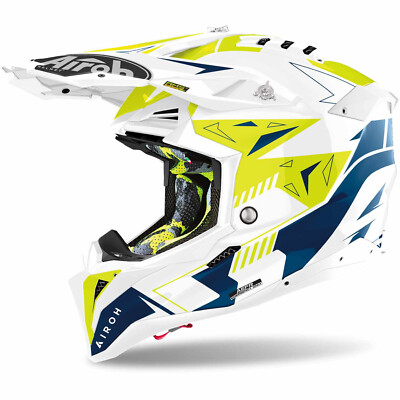 AIROH Aviator 3 Spin weiß blau fluo gelb Crosshelm 22.06 Carbon L 59/60