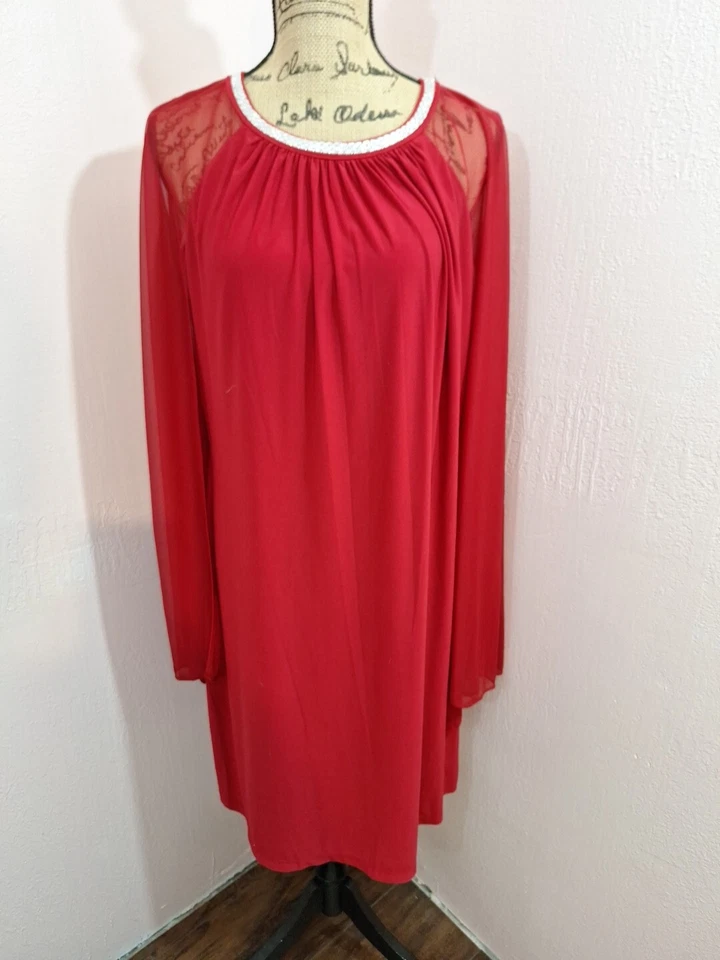 R&M Richards 红色雪纺连衣裙水钻领和透明 Capelet 尺寸 16W — 第 4/4 张图片