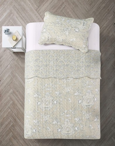 Classic Grey Floral Toile in Beige Background, 2-Piece Quilt Set with 1 Sham,... - Picture 4 of 7