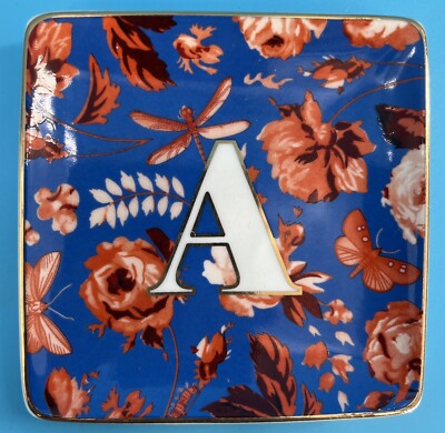 Anthropologie Monogramed Floral Ceramic Trinket Dish Letter ''A  Blue & Orange