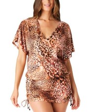 Bar III Women's Natural Glam Cheetah Adjustable Side Cover-Up Caftan Size M