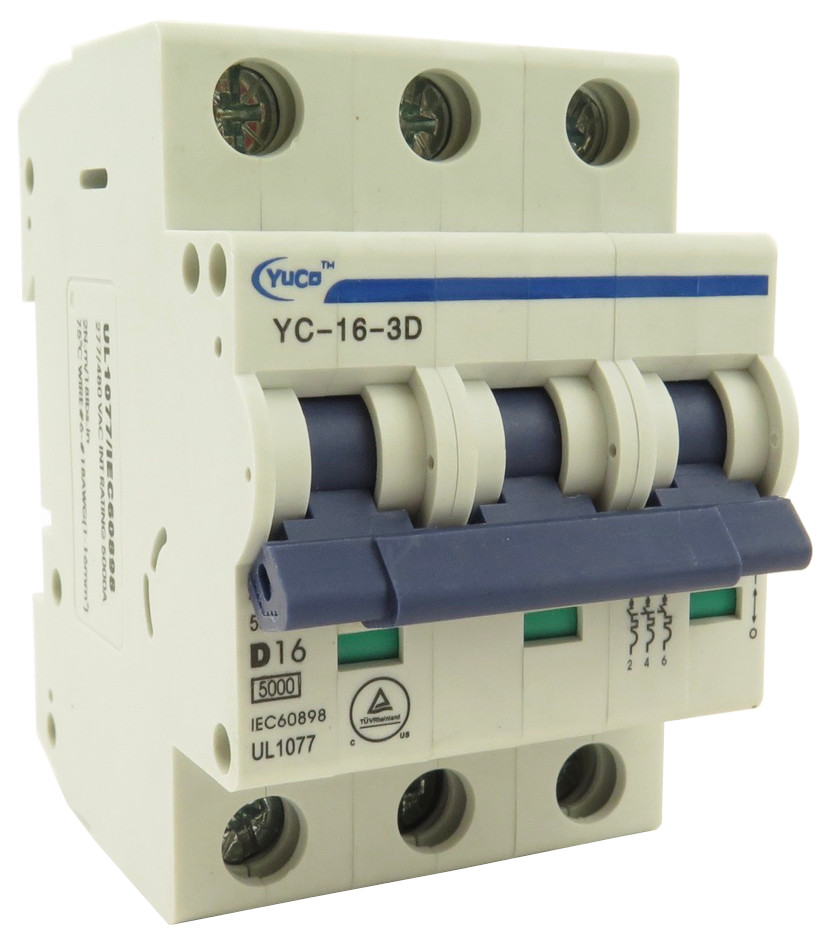 YuCo YC-16-3D Miniature Din Rail Circuit Breaker D-Curve 16-Amp 3P 480VAC 220VDC