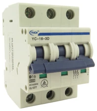 YuCo YC-16-3D Miniature Din Rail Circuit Breaker D-Curve 16-Amp 3P 480VAC 220VDC