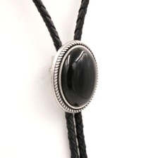 Hand Made Natural Black Onyx Stone Western Cowboy Leather Bolo Neck Tie