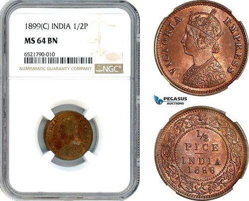 AI254, India (British) Victoria, 1/2 Pice 1899 C, Calcutta Mint, NGC MS64BN