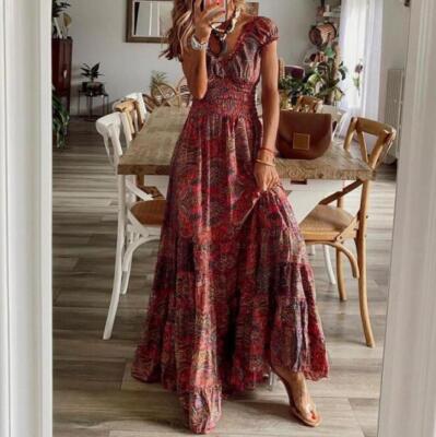 Womens 2024 Fashion Floral V Neck Empire Waist Bohemia Long Maxi Beach Dress NWO | eBay Womens 2024 Fashion Floral V Neck Empire Waist Bohemia Long Maxi Beach Dress NWO | eBay