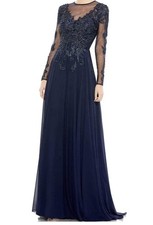 Mac Duggal Beaded And Lace Long Sleeve A-Line Evening Formal Gown-Size 10