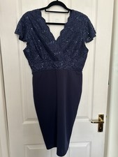 Quiz Navy Blue Lace Sequin Bodycon Midi Dress - Size 16 -  BNWT (RA11250) 