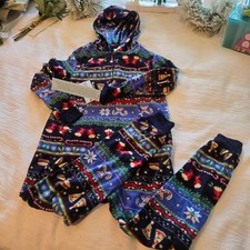Sz 4/5 Toddler Cat  Jack Christmas Themed Hooded Fleece Pajamas Cozy New