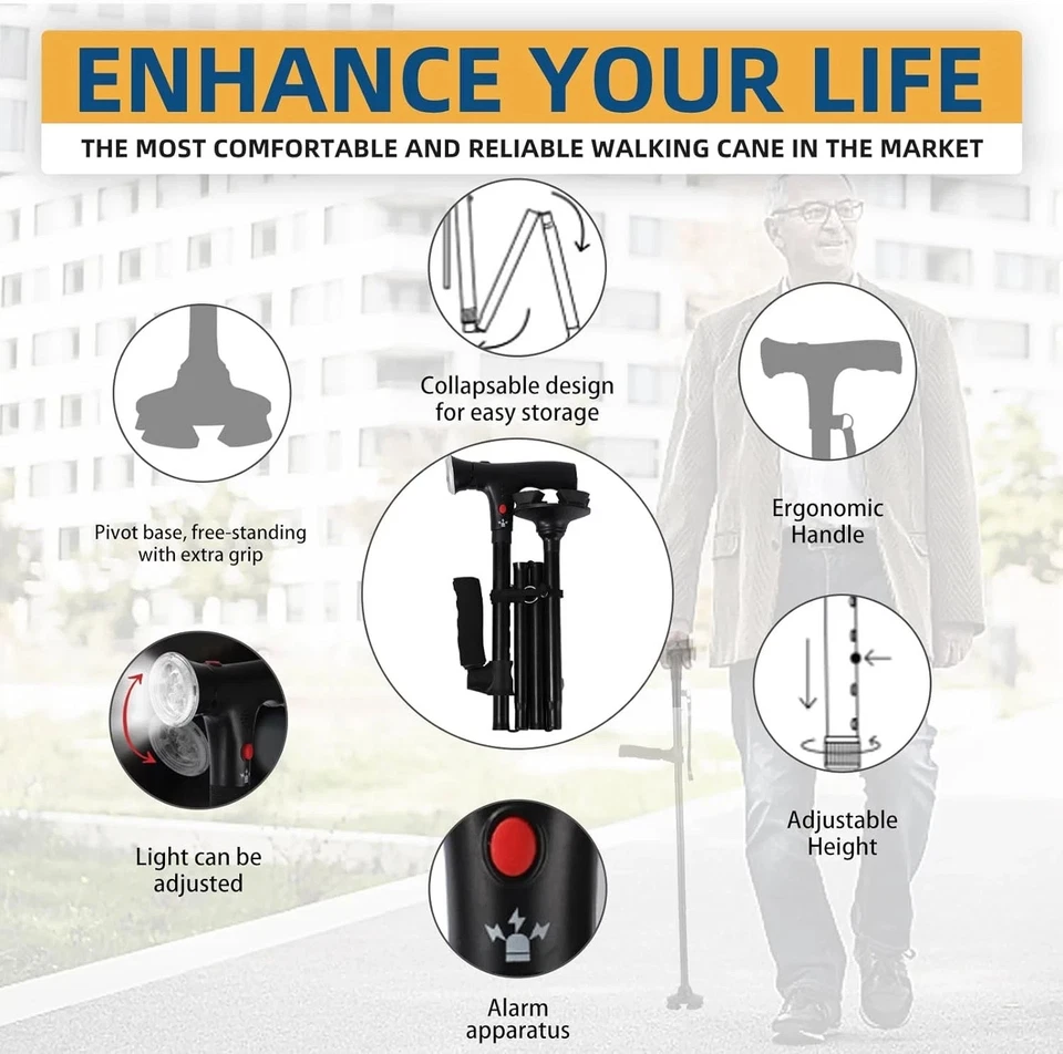 Bastón Héroe Caminar, Caminante Listo con Luz y Alarma, Negro  Foto 3 de 4
