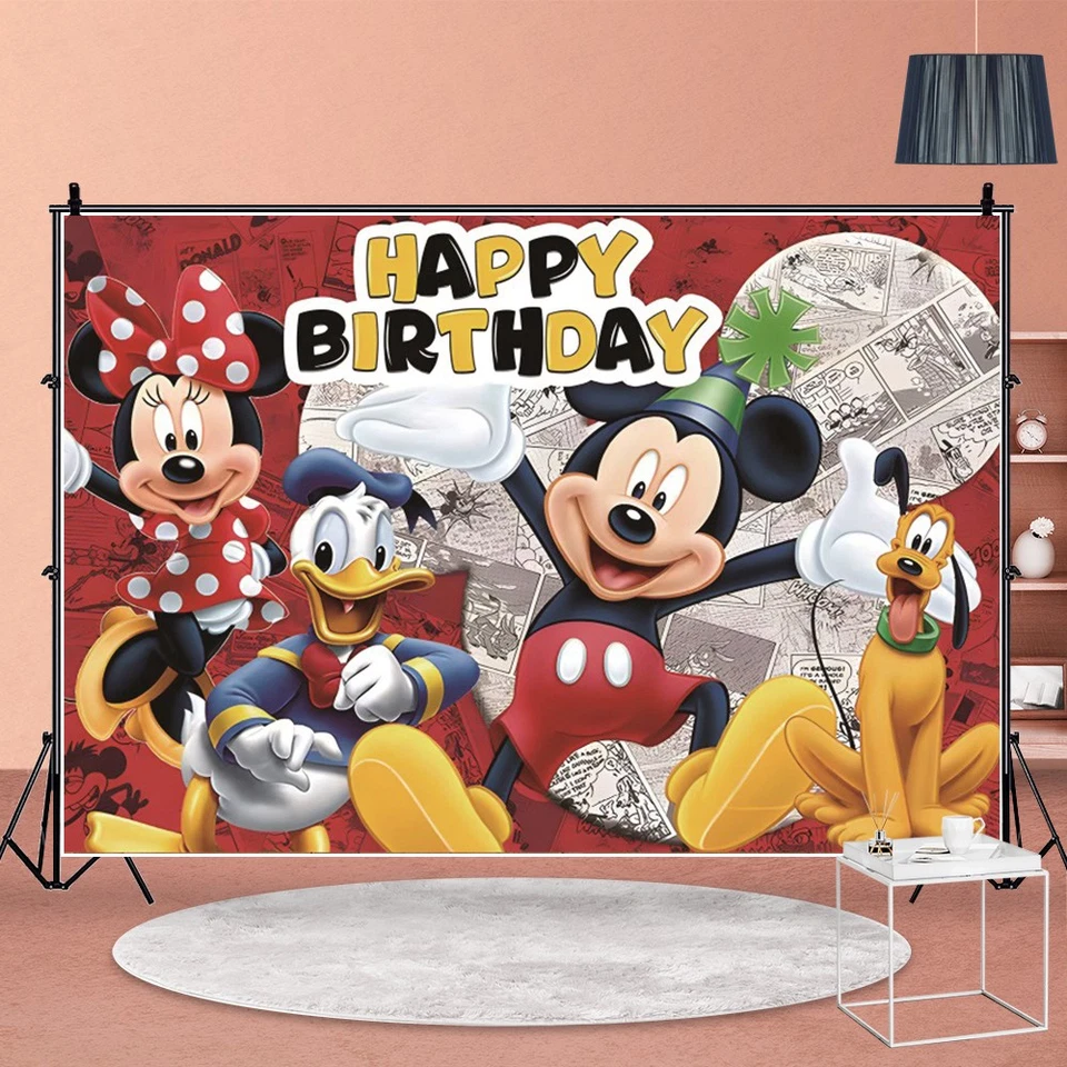 Mickey Minnie Mouse Telón de Fondo Niños Feliz Cumpleaños Fiesta Fondo Banner Decoración Foto 4 de 4