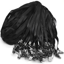 Black Nylon Flat Lanyards 100 Pack with Bulldog Clips for ID Badges
