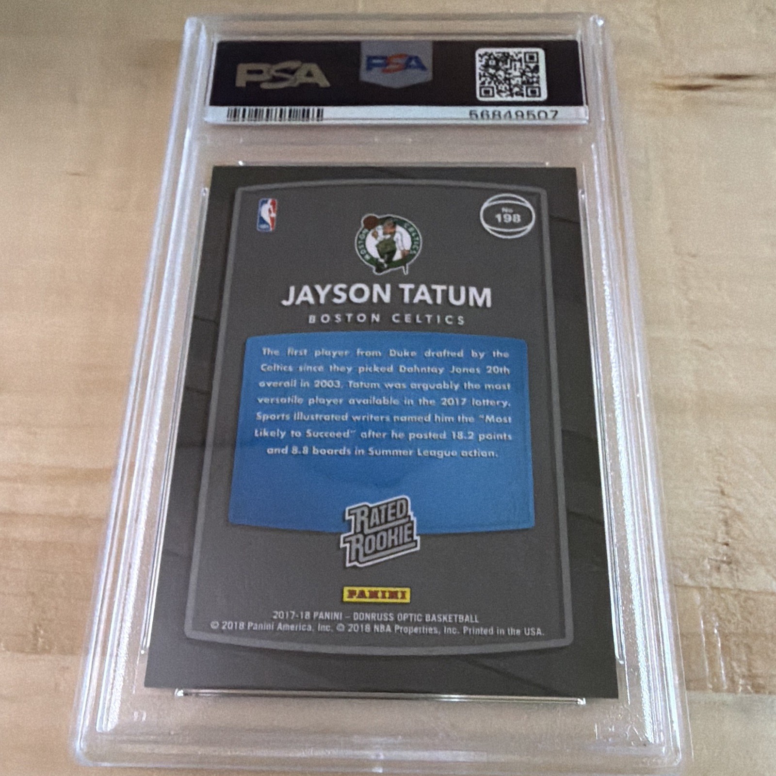 2017-18 Panini Donruss Optic Jayson Tatum Rated Rookie Shock Prizm #198 PSA 9 view 2