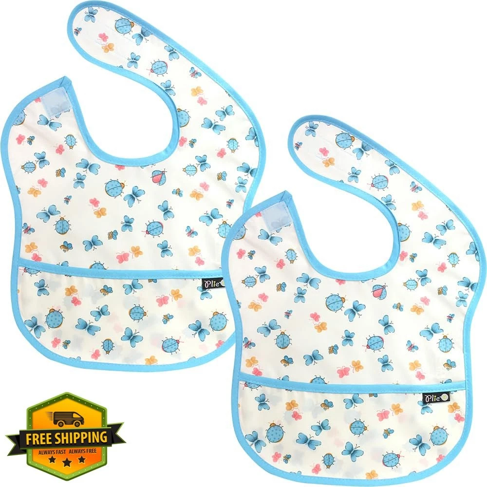 Plie Blue Butterfly Toddler Bibs Food Catcher Pocket