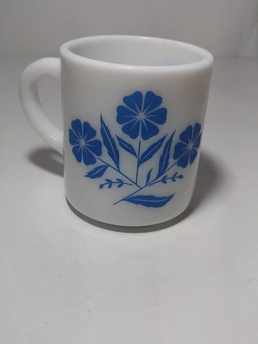Hazel Atlas Milk Glass Blue Flower Cornflower Coffee Tea Mug Cup Vintage 1950's