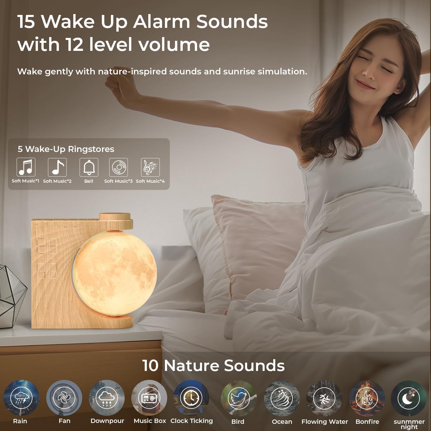 Bedroom Sunrise Alarm Clock with Colourful Light Mode Moonlight Wake-up Lights
