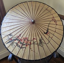 Vtg Handpainted Japanese Bamboo Rice Paper Umbrella Parasol Bird And Blossoms