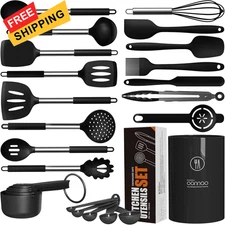 Large Silicone Cooking Utensils Set - Heat Resistant Kitchen large, Black 