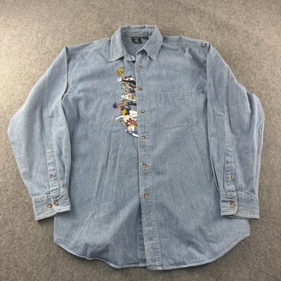 Vintage Warner Bros Studio Store Hemd Herren M Blau Denim Looney Tunes Cartoon