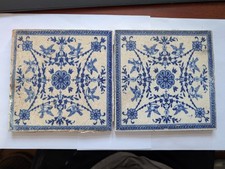 Pair of Antique Victorian Transfer Tiles c.1885 - Blue & White Bird and Floral M