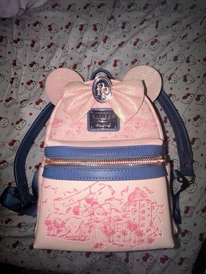Disney Parks Loungefly Riviera Resort Minnie Mouse Pink Toile Style Print NWT Disney Parks Riviera Resort Minnie Mini Pink Backpack  main image 3