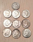 Silver Half Dollars! 9 Kennedy Half Dollars and 1 Franklin Half Dollar! Read....