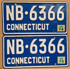 CONNECTICUT  1974 License Plate Set / Pair . . . NB-6366 . . Outstanding