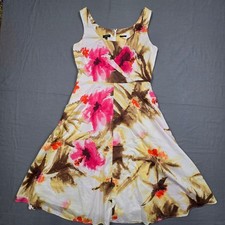 Talbots Size 4 Sleeveless A-Line Floral Print Dress Pink/Yellow Brown Stretch