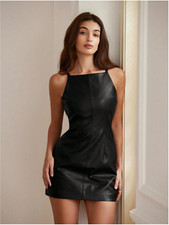 Black Revavyn Women's Sexy Halter Neck Faux Leather Mini Dress Sz S M L