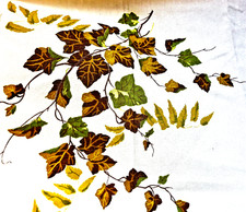 Thanksgiving Fall Autumn Leaves Tablecloth White Green Brown 64 x 82 Tiny Stains