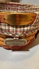 2002 Longaberger Woven Memories Basket, Liner, Protector, Tie Ons & Signatures