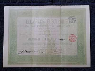 NAPLES OBLIGATION ELECTRIC LIGHTING VILLE DE NAPLES 100 FRANCS 1896 NF6/18