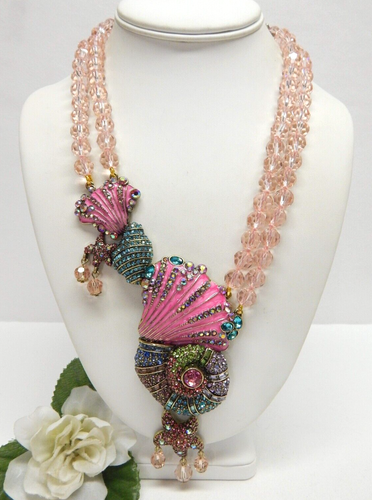 PINK CRYSTAL BEAD, ENAMEL & RHINESTONE NAUTILUS SEASHELL PENDANT NECKLACE 20"