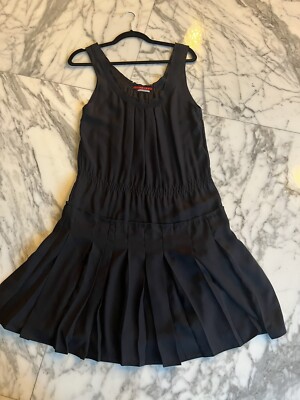 Prada Navy Blue silk lined midi length sleeveless drop waist dress pleated  skirt