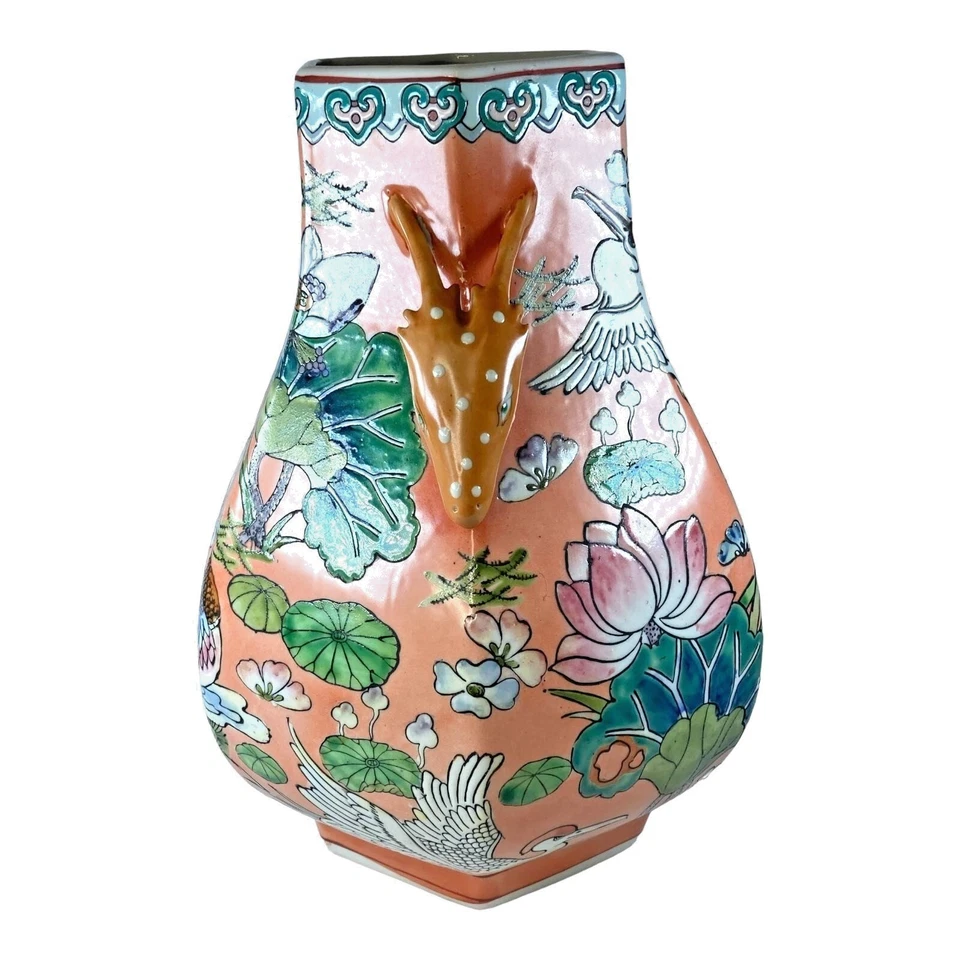 Hand Painted Vase Double Handle 12” Modern Reproduction Quianlong Style Birds - Image 3 of 4