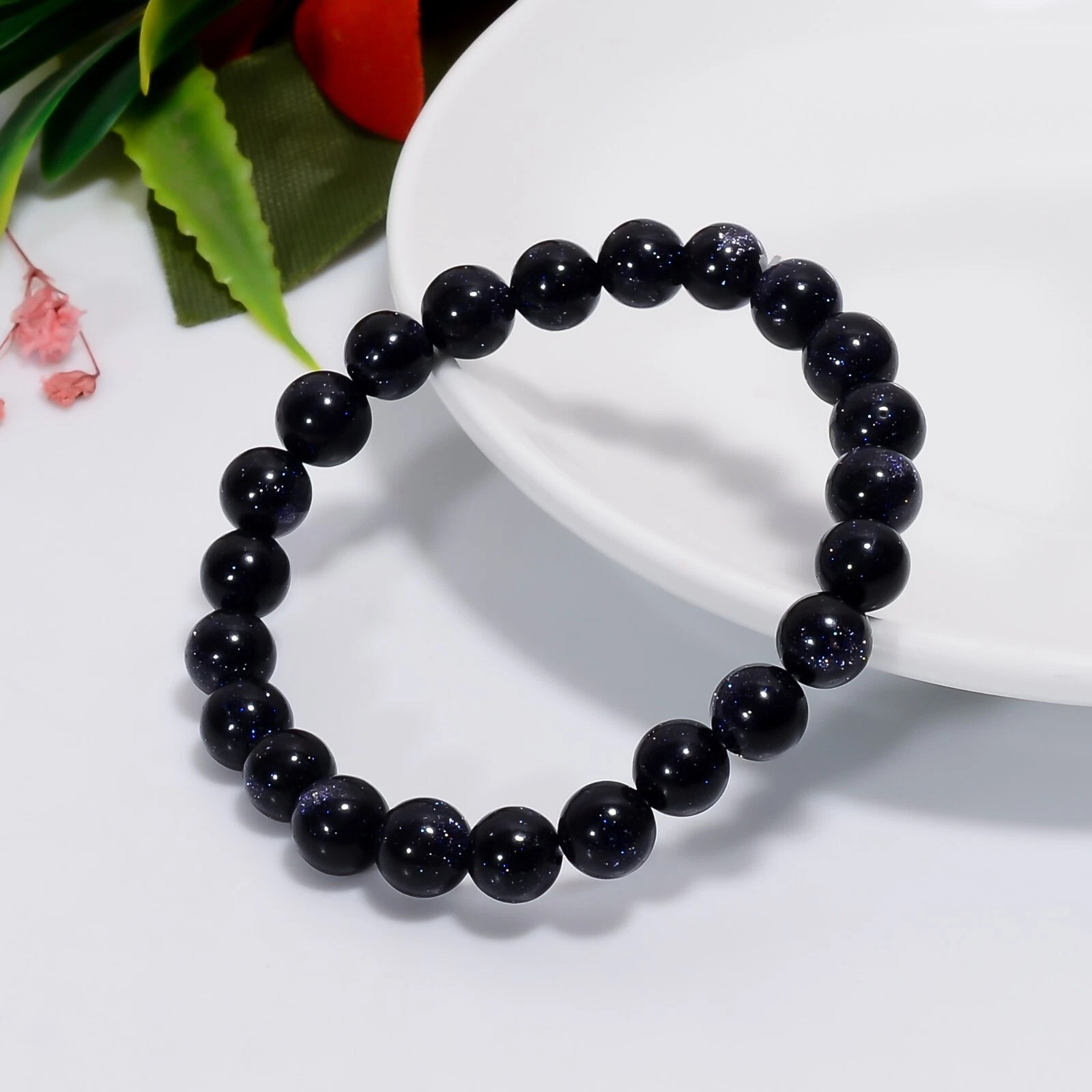 VALENTINO Bracciale fatto a mano impilabile perline tonde arenaria blu naturale regalo per lui