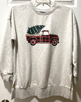 Ellen Tracy Pullover Sweatshirt Top Xmas Tree Truck Gray Comfy Size L NEW