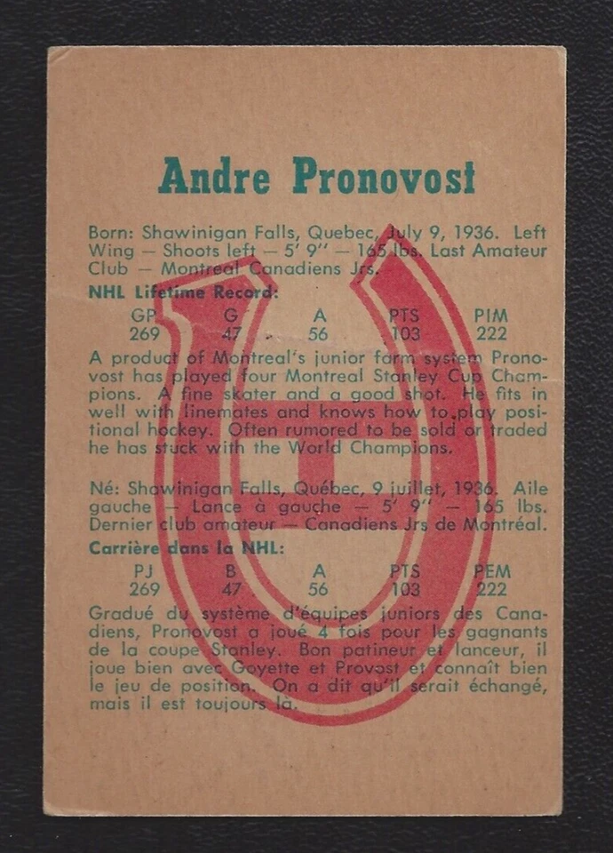 1960 Parkhurst #55 Andre Pronovost Vintage Monteal Canadiens NHL Hockey 1960-61 - Image 2 of 2
