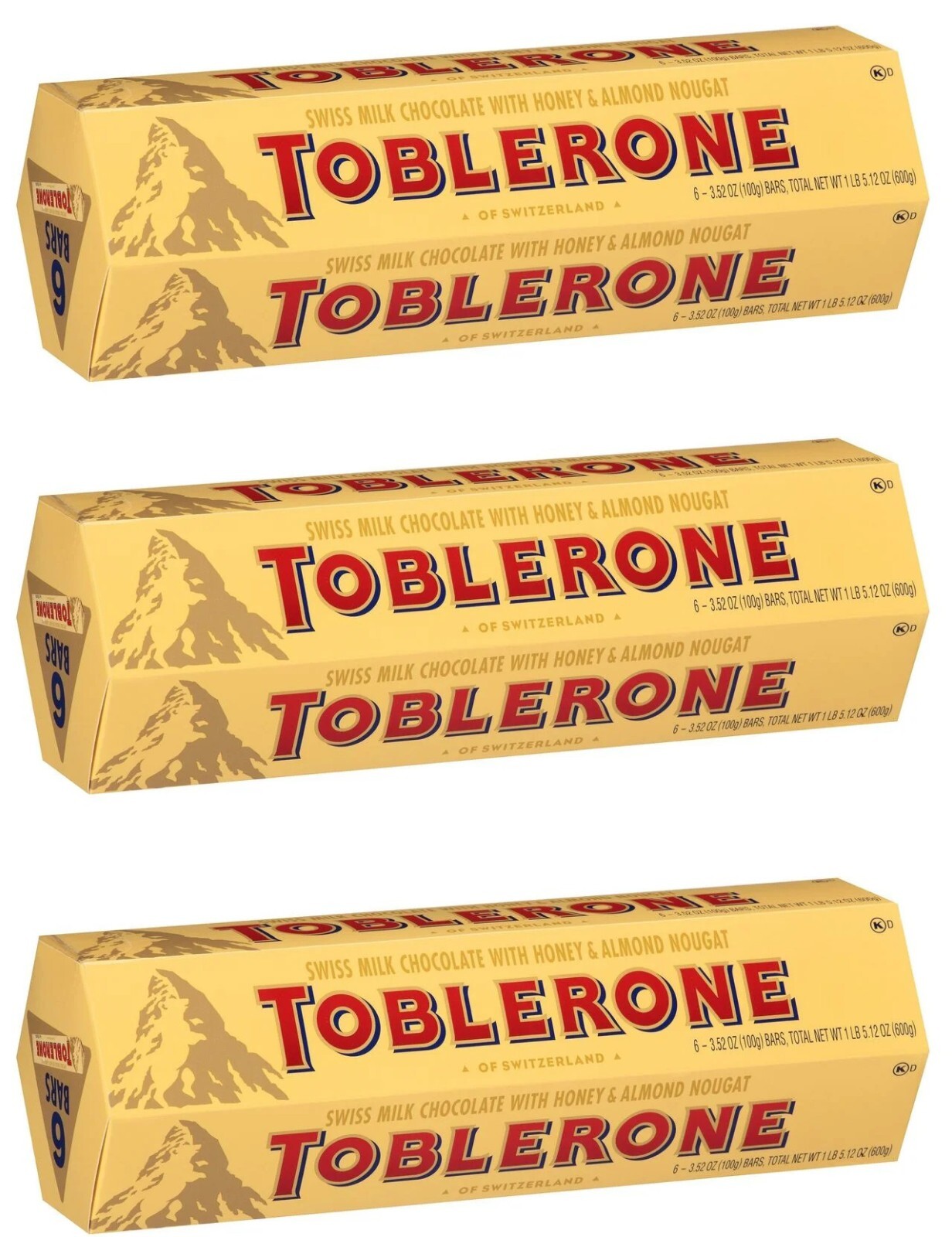 3 PACK - TOBLERONE SWISS MILK CHOCOLATE - HONEY AND ALMOND NOUGAT, 6 X 100G BARS