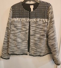 CHICO  S Black/White Knit Open Sweater Jacket w Fringe Chico Sz 2 L 