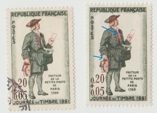 2 Timbres France 1961 n° 1285 plastron rouge plus large main droite plus blanche