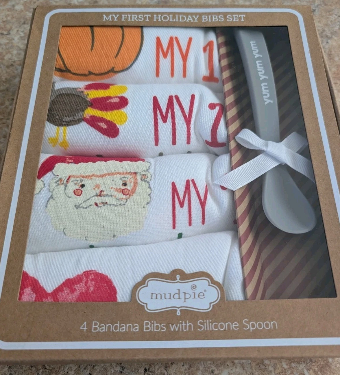 Mud Pie 4 bandana bibs with silicone spoon New in Box