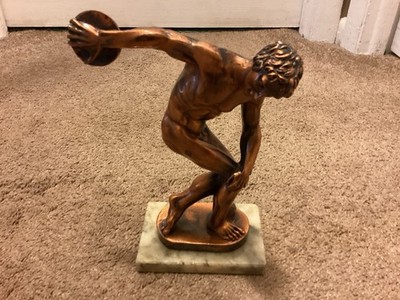Vintage Discus Thrower Brass Bronze Colored Metal Statue Figurine 9'' tall