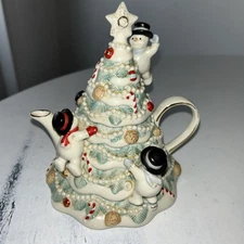 Lenox Snowman Christmas Tree Teapot for One With Mug Rare 6.75”Hx6.5”Lx6.5”W